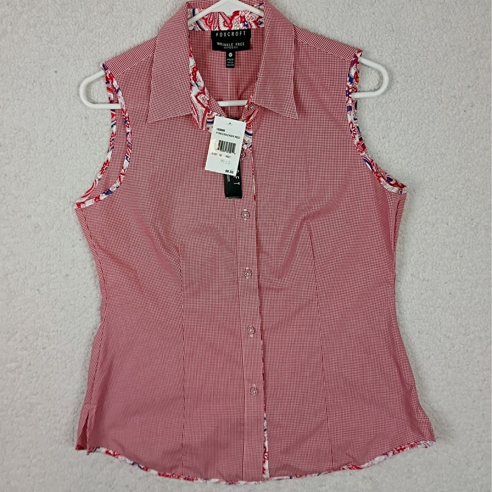 Foxcroft Sleeveless Blouse‎ Women 10P Red Gingham Wrinkle Free Paisley Trim NWT